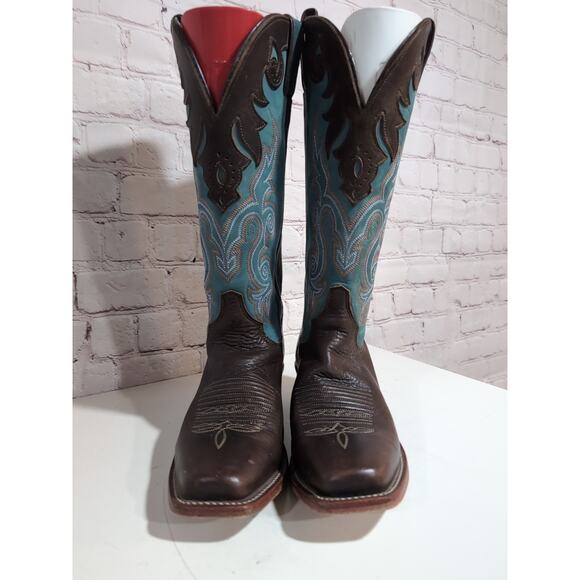 Justin Boots Style L2696 Brown And Teal Leather Cowgirl Western Women Size 6.5 - Picture 9 of 16